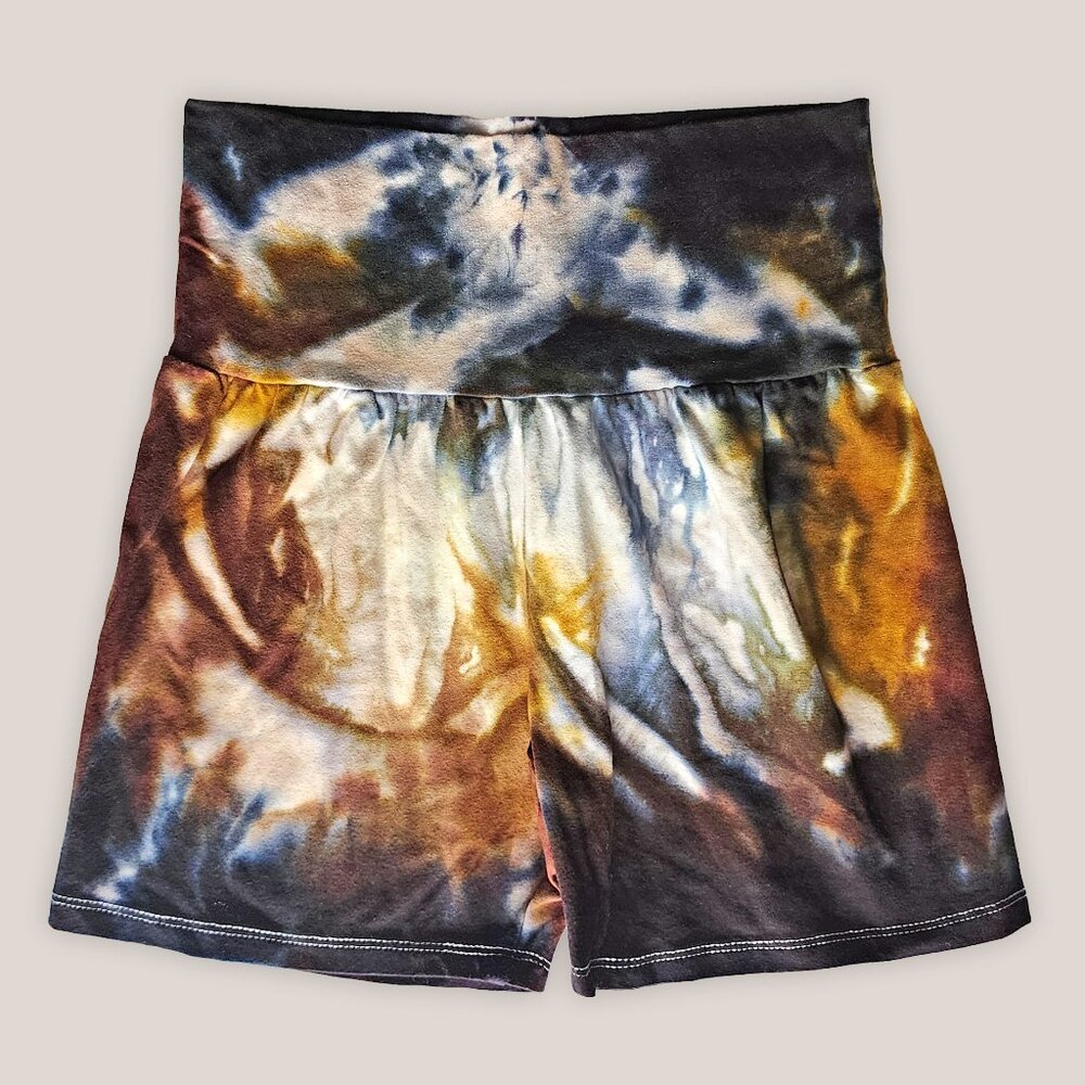 NWT Black & Gold Tie Dye Shorts Cotton Yoga Wide Waistband Bottoms